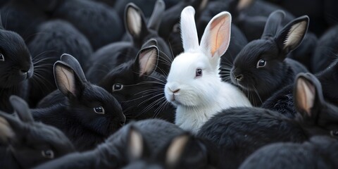 Candid Shot of a White Rabbit Grooming Itself Surrounded by Black Rabbits Conveying Self Care and Personal Identity - Powered by Adobe