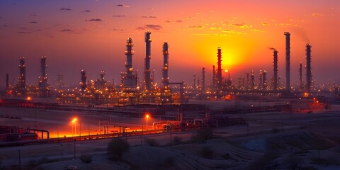 Fototapeta premium Oil Refinery Silhouetted Against Vibrant Twilight Landscape in Desert