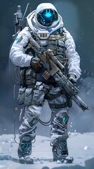 Brave Astronaut Warrior Navigates Treacherous Icy Terrain with Tactical Gear and Weapons