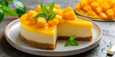 Cheesecake Garnished with Peach Slices  A Light Dessert