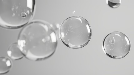  A cluster of bubbles adjacent to one another on a pristine white backdrop An image, halftone-patterned in black and white, resides centrally among them