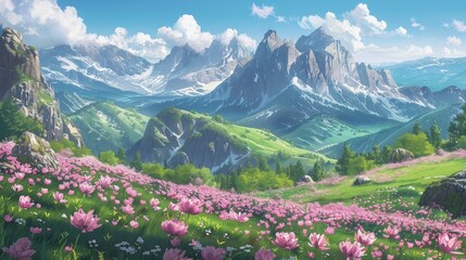 Scenic view of mountains and meadows adorned with pink blooms