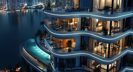 A high rise building balcony with a pool at night time. Top view angle of the architectural rendering, a modern style architecture. Generative AI.