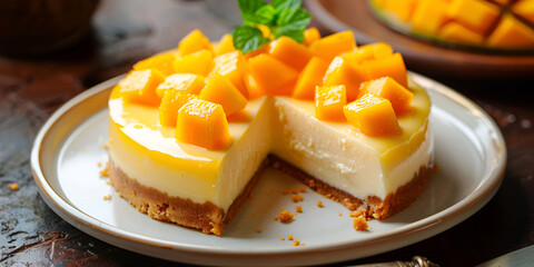 Cheesecake Garnished With Peach Slices A Light Desert