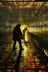 Glowing greenhouse at midnight, farmers nurturing plants for nighttime cultivation.