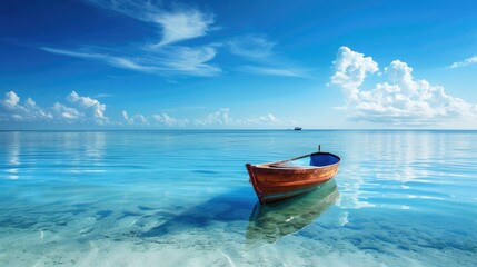 Idyllic seascape with a small boat on calm waters under a clear blue sky, representing adventure and travel