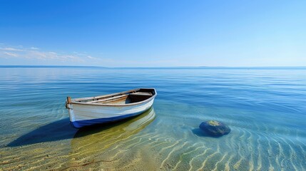Naklejka premium Idyllic seascape with a small boat on calm waters under a clear blue sky, representing adventure and travel