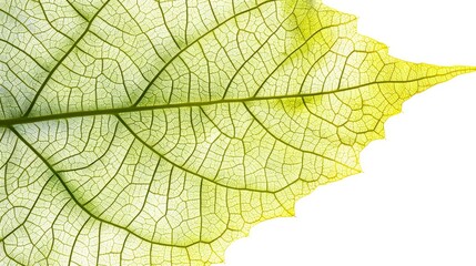 Obraz premium A tight shot of a green leaf against a pristine white backdrop, showcasing slight reflections on either side