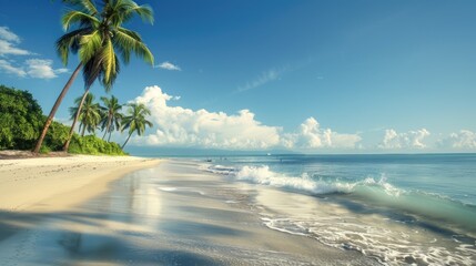 Fototapeta premium Panoramic beach scene with coconut palms and turquoise waters under a clear blue sky, perfect for vacation and relaxation themes.