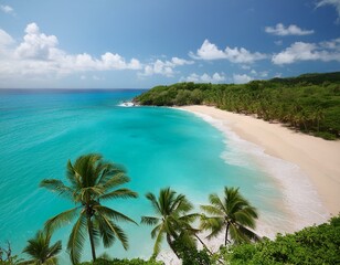 Fototapeta premium beach with palm trees, Aerial view of a summer beach with turquoise waters and clear skies