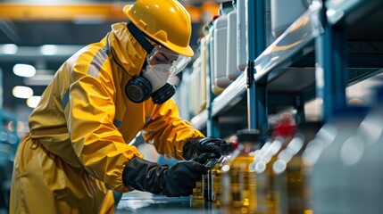 Close-up of a worker in protective gear labeling a row of chemical containers, uniform arrangement