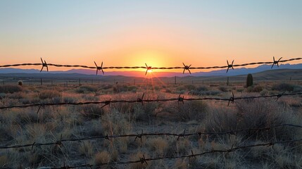 Barbed wire glistening in the sunset, vast desert landscape with distant dunes and a solitary cactus