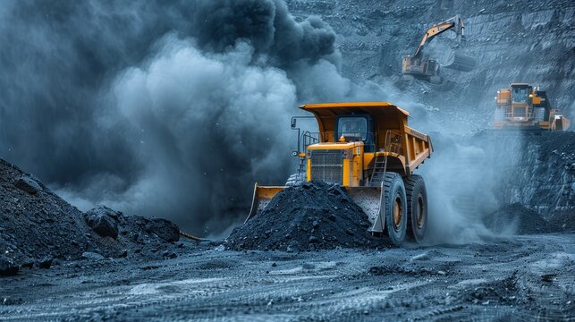 Bulldozer moving large piles of coal at a mining site, clouds of dust rising, construction vehicles in the background