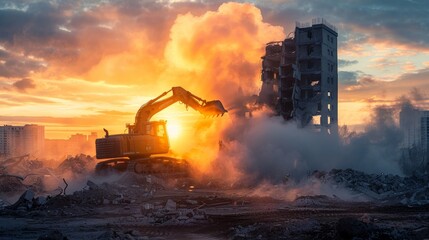 Bulldozer tearing down an urban building, dense smoke clouding the area, sunset casting a glowing light on the scene