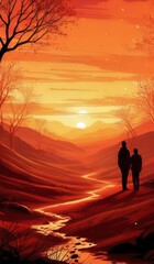 Fototapeta premium a painting of two people walking down a path in the sunset