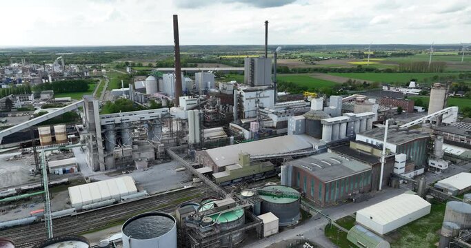 Industrial factory plant produces soda and sodium bicarbonate. Aerial overview, Rheinberg, Germany.