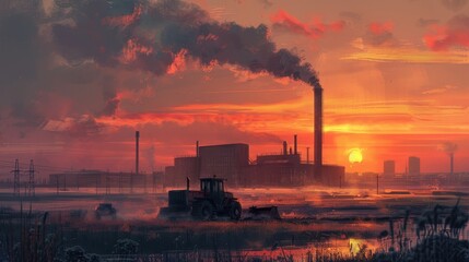 Bulldozer wrecking an old factory, dense smoke spiraling from a tall chimney, sunset painting the horizon in warm colors