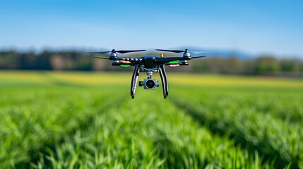 Close up of a chemical-spraying drone hovering above a green agricultural field, under a bright blue, cloudless sky