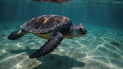 Fototapeta premium portrait of a turtle swimming in the deep sea
