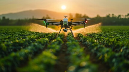 Close up of a drone's nozzles spraying chemicals over a vast green field, set against a perfectly clear sky