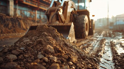 Fototapeta premium Close-up of a bulldozer's large bucket filled with sand, construction equipment focus, raw industrial setting