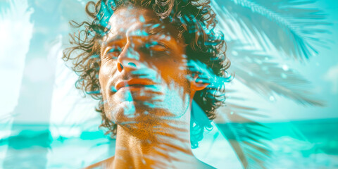 Young man  on beach with  palm tree in sunny day. Banner for summer vacation.