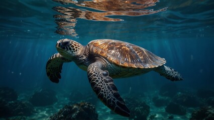 Obraz premium portrait of a turtle swimming in the deep sea