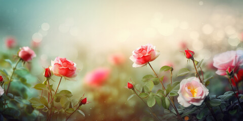 Obraz premium Red and Pink Roses in Rose Garden. Rose Flowers. Beautiful floral background for greeting card for Birthday, Mother's day, Women's day, Wedding