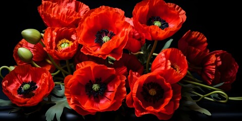Symbolism of Red Poppies on Black Background for Remembrance Day and Armistice Day. Concept Symbolism, Red Poppies, Black Background, Remembrance Day, Armistice Day
