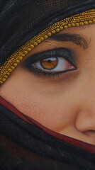 Close-up of a woman's eye with dramatic makeup, partially covered by a black and golden headscarf.