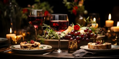 Elegant Festive Table Setting on a Dark Background. Concept Festive Table Setting, Elegant Decor, Dark Background, Holiday Dinner, Stylish Centerpieces