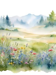 Meadow Flower Field Landscape Watercolor Art