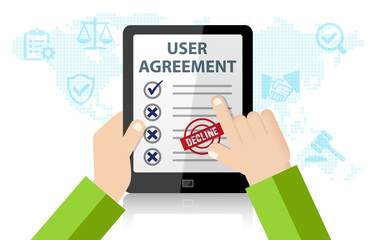 User Agreement on tablet Concept Infographic. Legal Notice Form, Terms and Conditions, Registration Process, Website Landing, Corporate Privacy Policy, Information Page