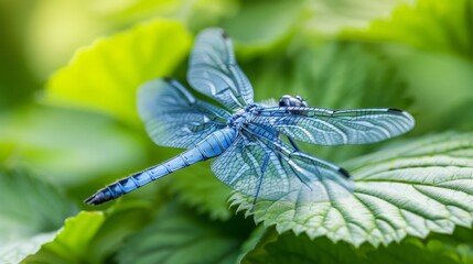  A tight shot of a blue dragonfly perched on a green leaf Surrounding background features a blur of green foliage