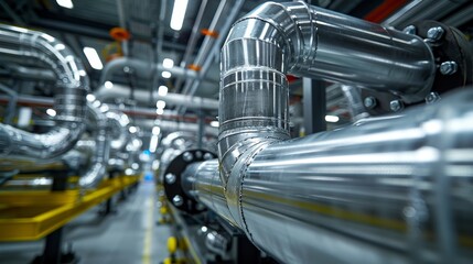 Fototapeta premium Detailed view of a chemical plant's steel pipelines and cables, extensive pipe rack layout for efficient flow