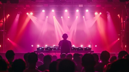 DJ on stage with mixing equipment, purple and red lights flashing from behind, audience in the foreground