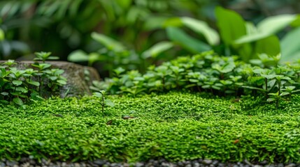  A tight shot of verdant grass, dotted with rocks and foliage, lies before a backdrop of extensive greenery and plants A stone bench is situated at the edge of