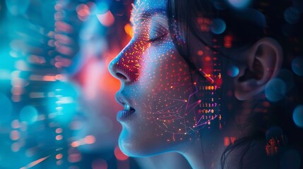 Double exposure of a close-up of vocal cords and a high-tech voice recognition dashboard with real-time audio analysis