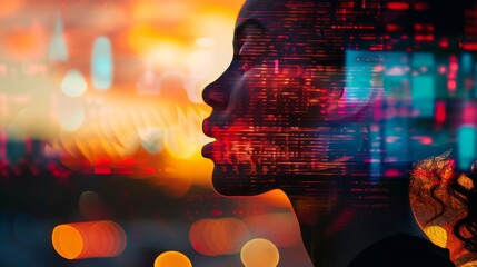 Double exposure of a speaking person's silhouette and an advanced voice recognition interface with analysis metrics and sound patterns