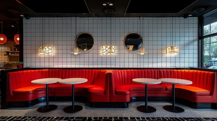 Elegant fast food restaurant with red double booths, white diamond-tiled wall, black floor with white spots, stylish and comfortable seating