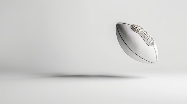 Elegant white American football hovering in mid-air on a white background, minimalistic sports concept, monochrome, isolated background, studio lighting