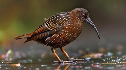  A tight shot of a bird perched atop a still water body Droplets of water pepper the ground below, and grasses blur in the distant background The image's