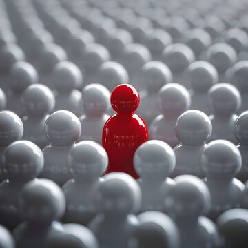 Red human figure standing out from the crowd expressing the concept of individuality and uniqueness in a sea of conformity