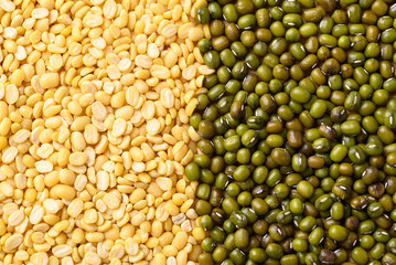 Yellow peeled split mung bean and green mung bean seed texture background, Food ingredient