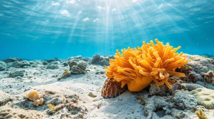  An orange sea anemone rests on the sandy ocean floor, sunlight filters through the water's surface above A starfish lies in the foreground
