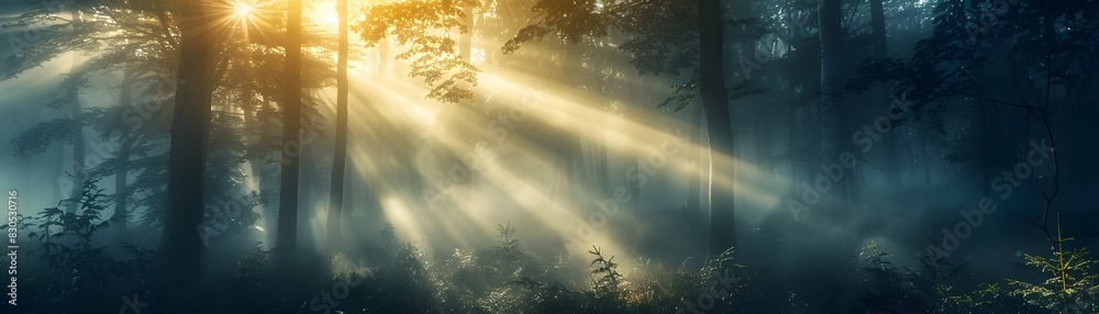 Canvas Prints Misty Forest Sunbeams Casting a Mystical Glow on the Serene Woodland Landscape