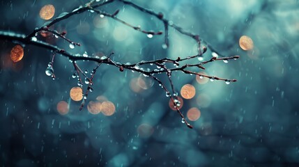  A close-up of a tree branch with water droplets, background blurred by holiday lights