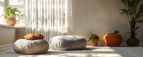 Calming Home Wellness Corner with Meditation Cushions Natural Lighting and Soothing Colors for a Serene and Rejuvenating Lifestyle Experience