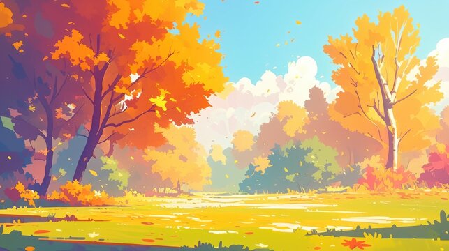 Fototapeta Illustration depicting a cartoon style autumn landscape background with trees rendered in cartoon