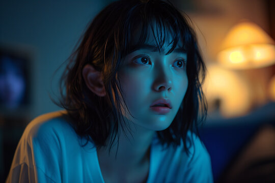 部屋でサスペンスドラマを見ている女性「AI生成画像」